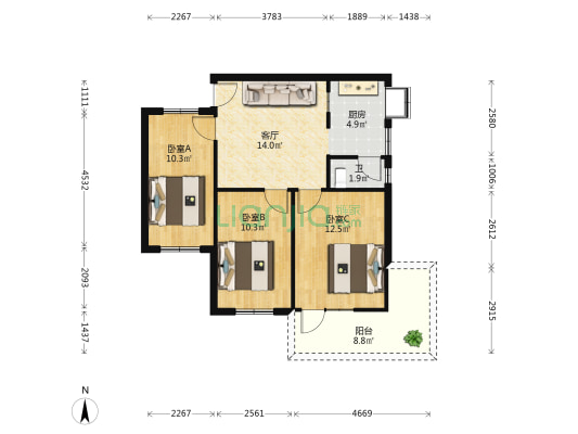佑泉苑小区 3室1厅1卫 72平方