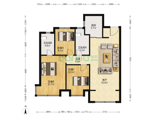龙湖天璞 3室1厅2卫 123平方
