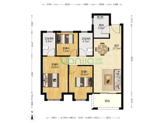 公元壹号4期 3室1厅2卫 107平方