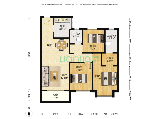 旭辉东壹区 3室1厅2卫 114平方