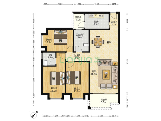 丽景花园绿盈轩 3室1厅2卫 110平方