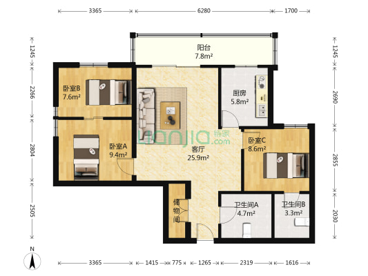 安翔路甲1号 3室1厅2卫 104平方