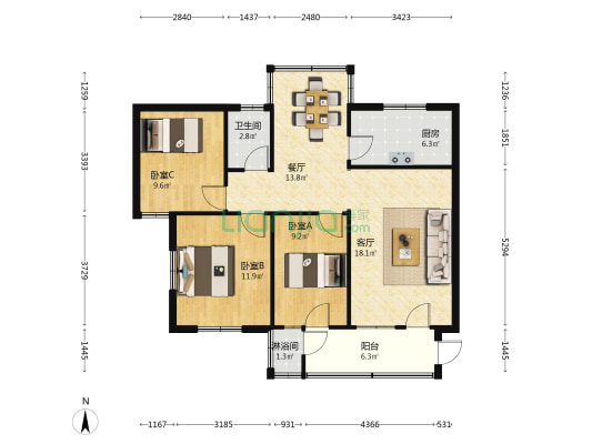 兴华路1号 3室2厅2卫 88平方
