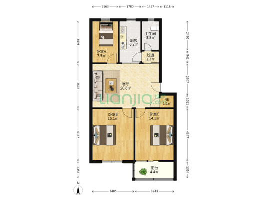 开发新村南苑 3室1厅1卫 89平方