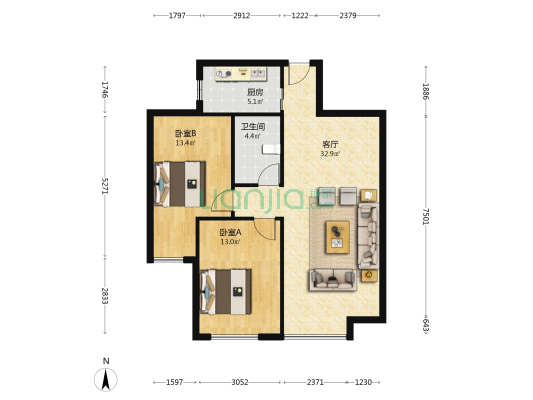 沈铁滑翔佳园 2室1厅1卫 92平方