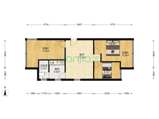 宾馆新村 3室1厅1卫 66平方