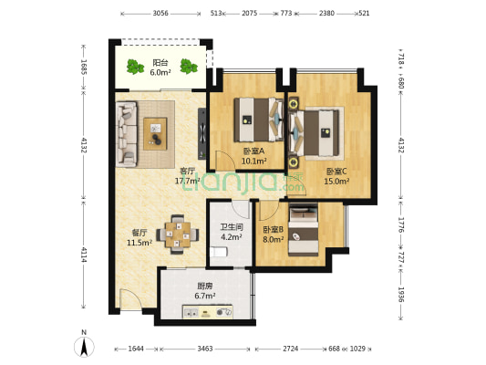 中澳世纪城 3室2厅1卫 93平方