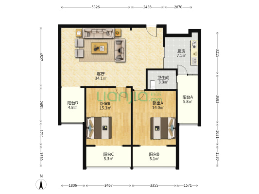 海天国际 2室1厅1卫 109平方