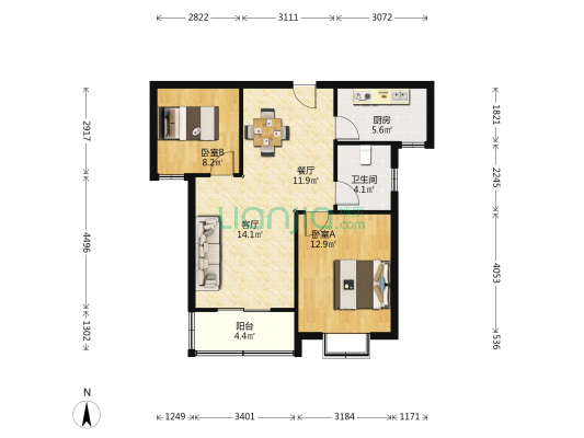 影山府邸 2室2厅1卫 94平方