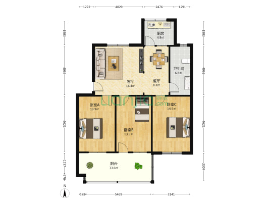 博物馆住宅楼 3室2厅1卫 102平方