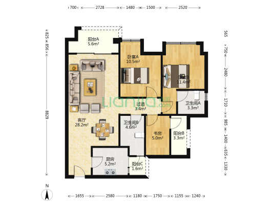 金辉中央铭著A区 3室1厅2卫 103平方