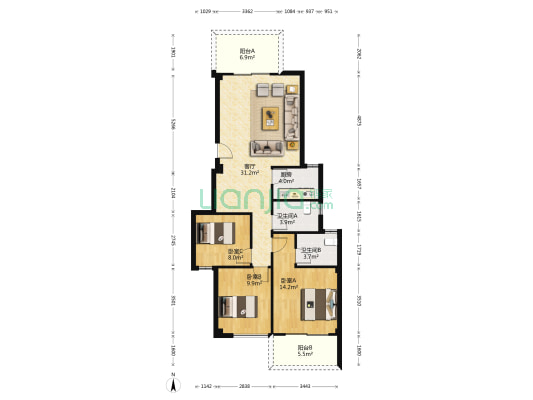 汀溪尚品 3室1厅2卫 92平方