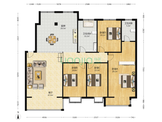 边防小区 4室1厅2卫 196平方