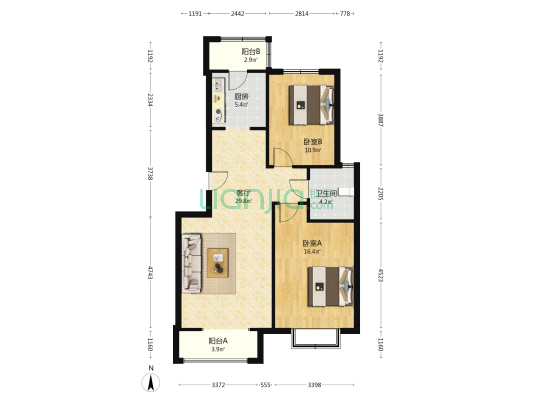 宏昇家园 2室1厅1卫 95平方