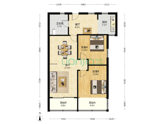 东方苑 2室2厅1卫 104平方