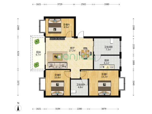 华秀小区 3室1厅2卫 103平方