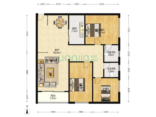 汇龙新城 3室1厅2卫 150平方
