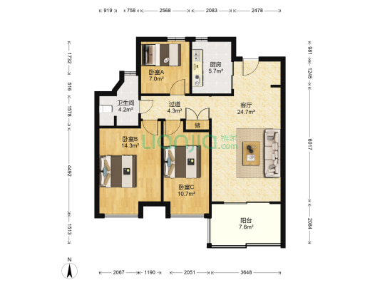 万科公园大道 3室1厅1卫 98平方