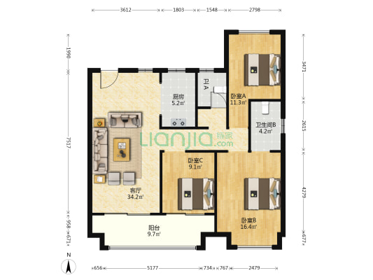 旭辉双清江来 3室1厅2卫 123平方