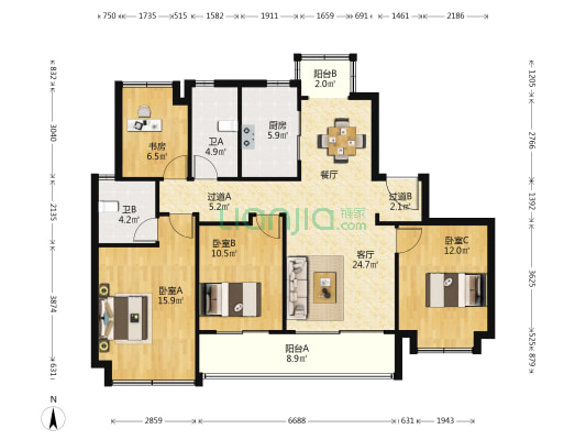 柳岸晓风 4室1厅2卫 139平方