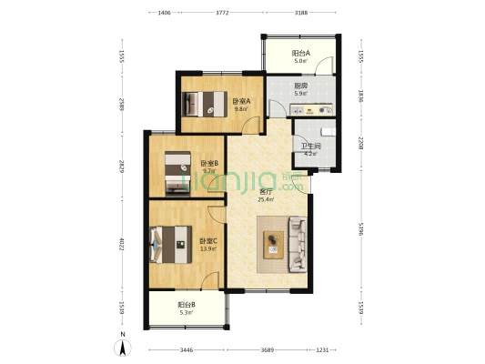 省工艺美术学校家属院 3室1厅1卫 90平方