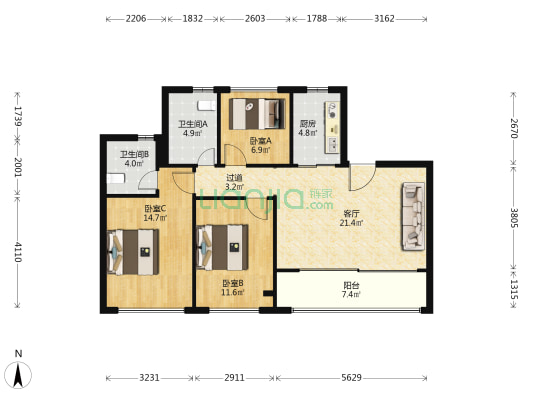 翠湖隐秀 3室1厅2卫 98平方