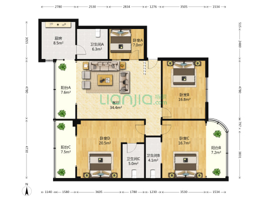新桥小区 4室1厅3卫 149平方
