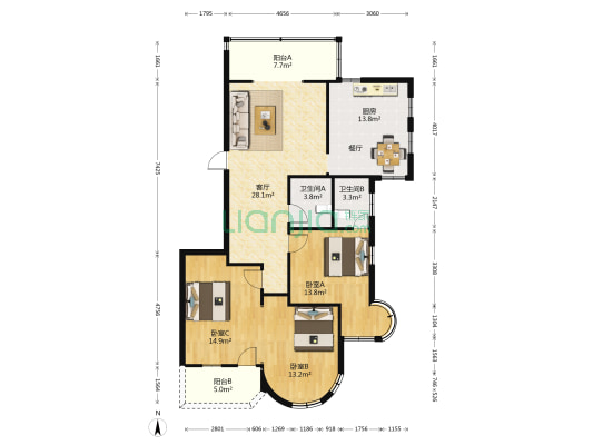 华榕公寓 3室1厅2卫 126平方