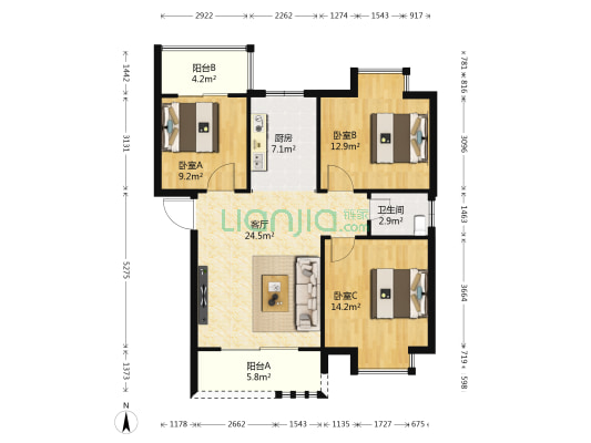 强远春天花园 3室1厅1卫 89平方