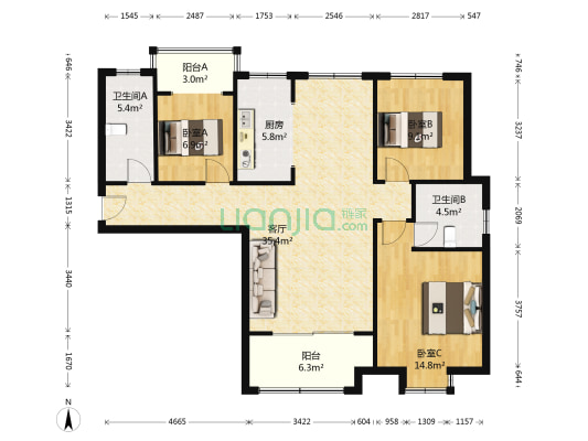 铭泰瑞云佳苑 3室1厅2卫 121平方