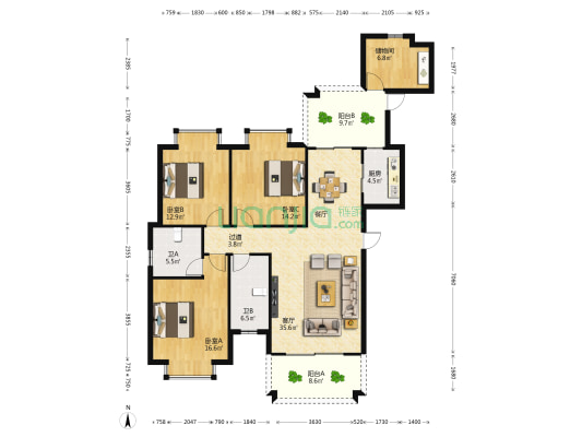 三弦慧府一期 3室1厅2卫 162平方