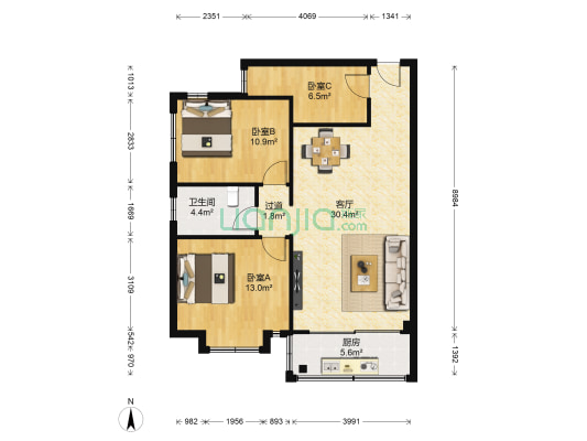 德宝花园 3室1厅1卫 90平方