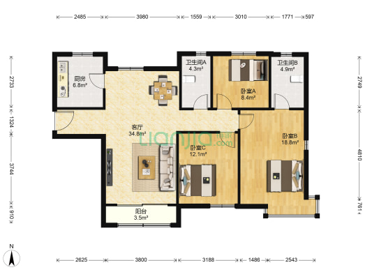 季景兰庭兰景园 3室1厅2卫 128平方