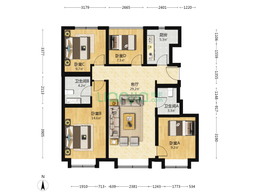 熙悦天寰 4室1厅2卫 109平方