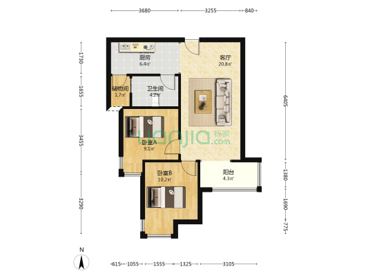集中供暖  南向两居室   明厨明卫-户型图