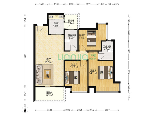 东城碧桂园 3室1厅2卫 105平方