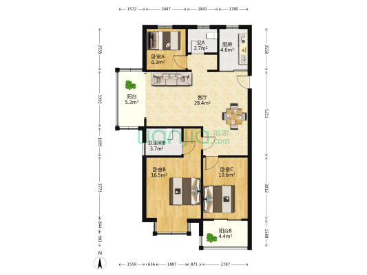 梅里新嘉苑 3室1厅2卫 97平方