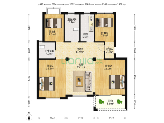 菊韵花苑 4室1厅2卫 105平方