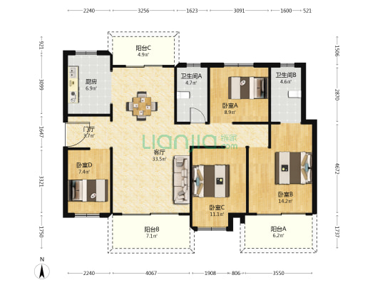 长沙北中心保利时代C区 4室1厅2卫 143平方