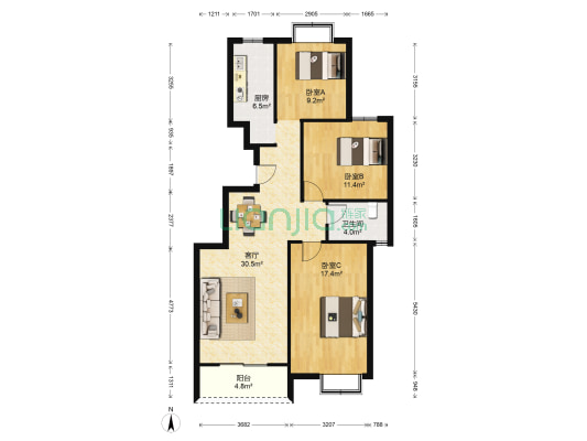 冠苑小区 3室1厅1卫 110平方