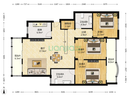 听涛雅苑 3室1厅2卫 137平方