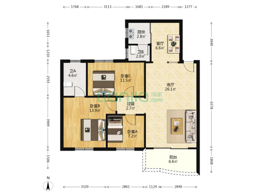 园丁村 3室2厅2卫 112平方