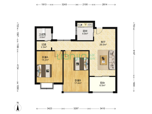 富中府 2室1厅1卫 94平方