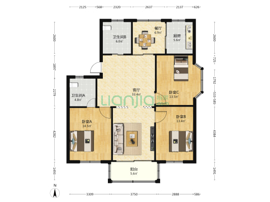 天一家园 3室2厅2卫 125平方