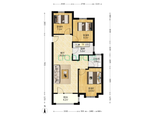 路劲阳光城 3室1厅1卫 92平方