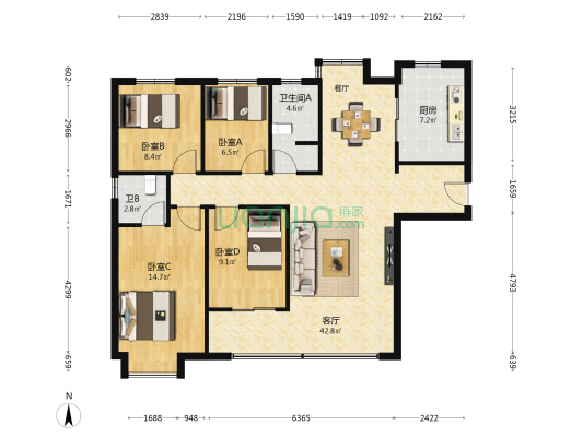 环东金茂悦 4室1厅2卫 125平方