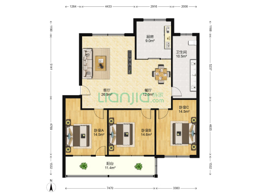 市国税局宿舍楼 3室2厅1卫 133平方