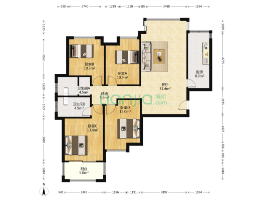 彩虹郡一期 4室1厅2卫 132平方