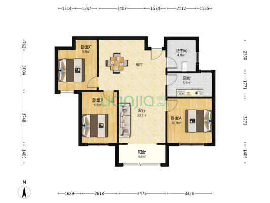 磨店家园同祥苑 3室1厅1卫 113平方