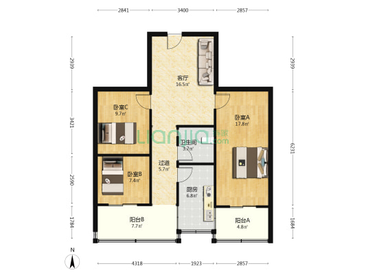 姜砦北街15号院 3室1厅1卫 90平方